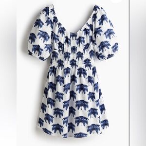 NEW H&M Smoked-Waist Mini Blue Palm Tree Print Dress Medium